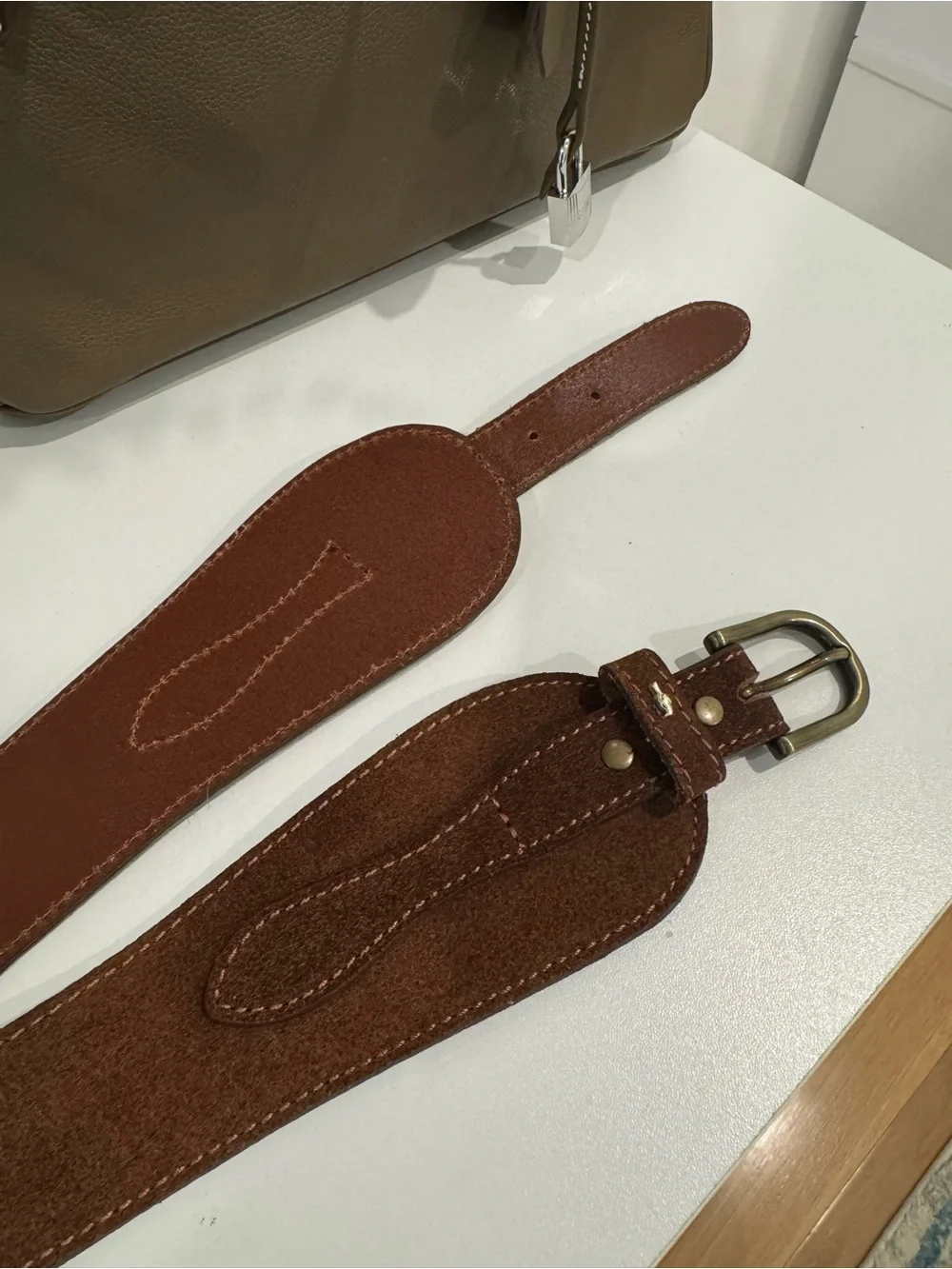 Women's Brown Suede Leather Belt with Brass Buckle